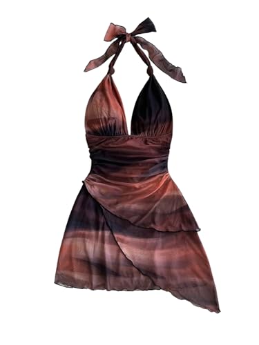 SOLY HUX Women's Sexy Tie Dye Print Halter V Neck Mini Dress Retro Backless Fitted Bodycon Dresses
