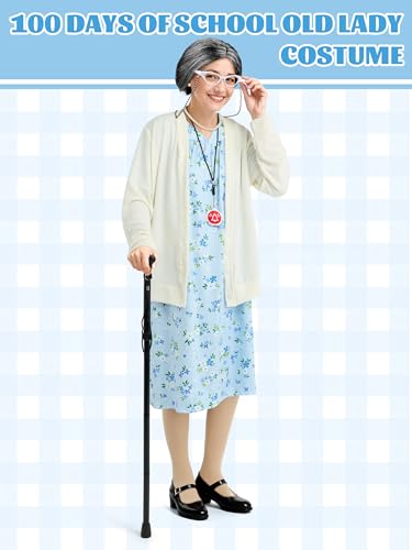 SOMSOC 8 Pieces Women Old Lady Costume Grandma Dress Cardigan with Wig Glasses Cane for 100 Days of School Cosplay