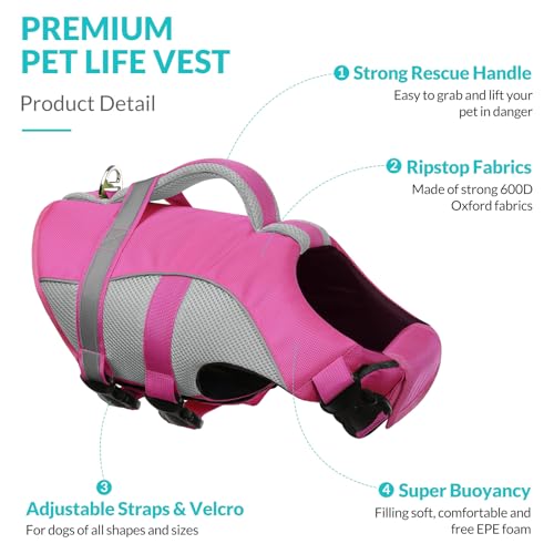Queenmore Dog Life Vest for Swimming, Adjustable High Visibility Dogs Life Jacket, Dog Lifesaver with Superior Buoyancy an...