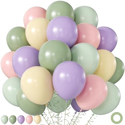 Purple Green Pink Yellow Balloons, 60Pcs 12 Inch Pastel Balloons Include Sage green Pastel Purple Pink Yellow Light Green ...