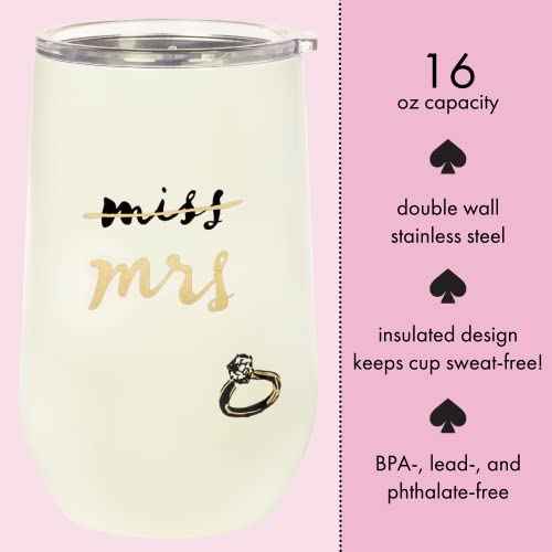 kate spade new york Insulated Bridal Stainless Steel Wine Tumbler, 16 Ounce Double Wall Tumbler for Bride to Be, Stemless Travel Cup with Lid, Miss to Mrs. (White)