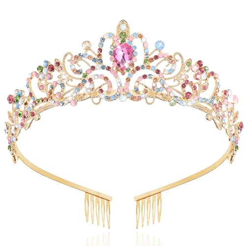 TAROSE Crowns for Women, Queen Crystal Gold Silver Tiaras with White Rhinestone and Combs, Goddess Crown for Wedding Bride...