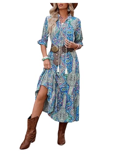 GORGLITTER Women's Paisley Print Boho Western Maxi Dress Ruffle 3/4 Sleeve Notch V Neck Vintage Ethnic Flowy Dresses