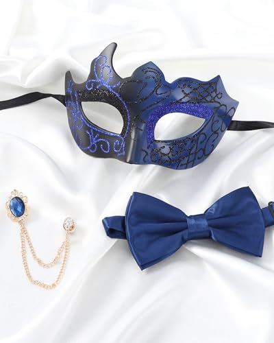 Zinniday 3 Pcs Masquerade Mask for Men, Opera Venetian Mask Set with Bowtie, Opera Half Face Masks Kit for Halloween