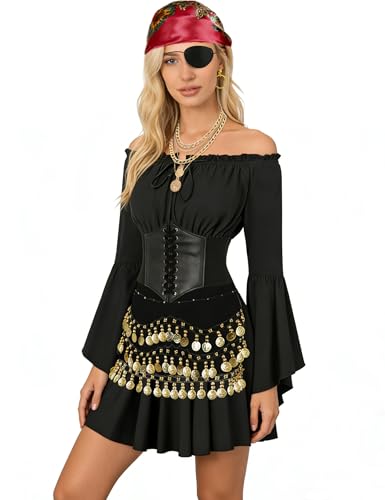 INFLATJOY Pirate Costume Women with Off Shoulder Dress Gold Sequin Belt Accessories Halloween Set Costume