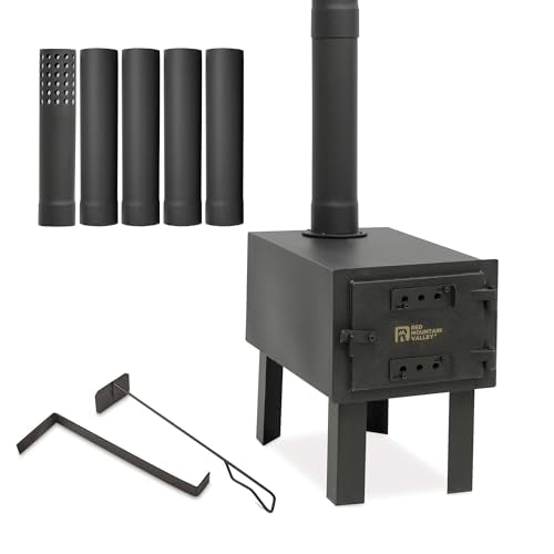 Red Mountain Valley Outdoor Camping Wood Stove, Portable Hot Wood Burning Tent stove with 5-Section Chimney and 2 Dual Rak...