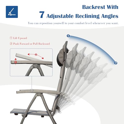 Domi Patio Folding Chairs Set of 2, Outdoor Reclining Camping Chairs Set with Moveable Headrest, Aluminum Frame Outdoor Po...