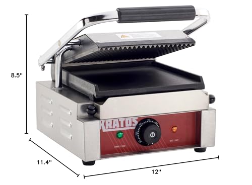 Kratos Commercial Electric Panini Sandwich Grill with Grooved Top and Smooth Bottom Plates, 9" x 9" Cooking Surface, Commercial Countertop Panini Press, 120V, 1750W (29Y-019)