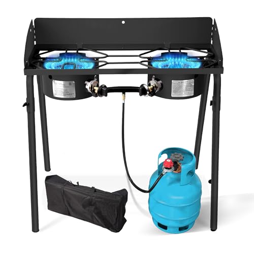 Red Mountain Valley Two Burner Outdoor Portable Camping Gas Stove with Removable Legs, Carrying Bag and Windshield, Campin...