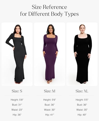 Popilush Women's Long Sleeve Maxi Dress Built-in Shapewear Bra Square Neck Fall Formal Wedding Guest Cocktail Bodycon Dresses