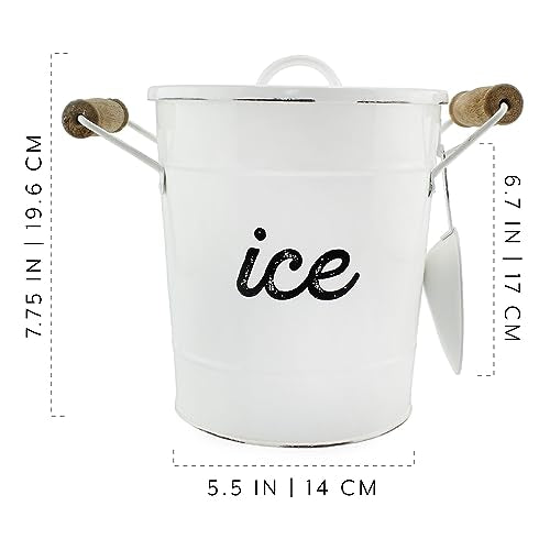 AuldHome Design Rustic Enamelware Ice Bucket; White Farmhouse Style Insulated Ice Server
