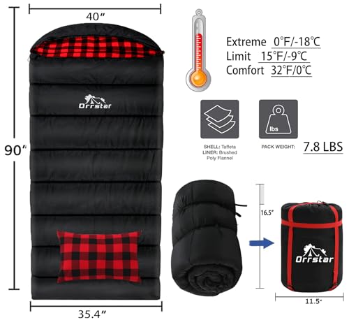 ORRSTAR Sleeping Bag Cold Weather Sleeping Bags for Adults 0 Degree Sleeping Bag with Pillow Extra Large Flannel Big and T...