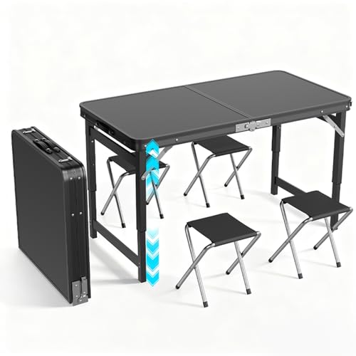 MIKEE Portable Folding Card Table with Chairs,4ft Foldable Table Adjustable Height,Aluminum Alloy Frame Folding Dining Tab...