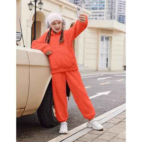Arshiner Girls 2 Piece Outfits Drop Shoulder Hoodie Half Zip Fluffy Sweatshirt and Fleece Pants Sweatsuit