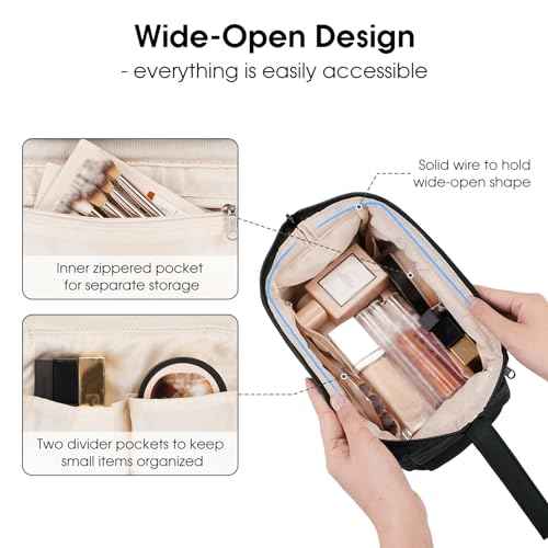 Narwey Makeup Bag Women Wide-open Make up Bag Travel Cosmetic Bag Organizer Toiletry Bag for Cosmetics Toiletries Accessories (Black)