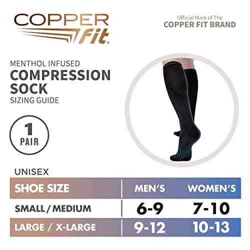 Copper Fit womens Ice Menthol Infused Compression Socks, Black, Large-X-Large US