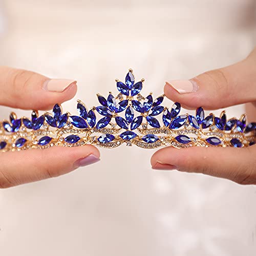 JWICOS Rhinestones Navy Blue Crystal Leaves Tiara and Crown Bridal Headband Tiara Headdress for Wedding/Christmas/Photogra...