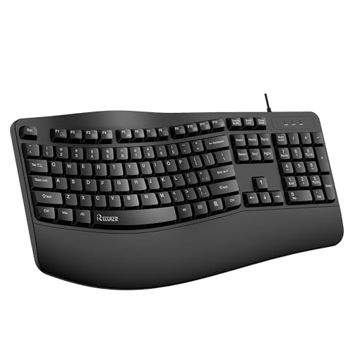 RECCAZR Ergonomic Keyboard, Wired Computer USB Keyboard with Wrist Rest, Spill-Resistant, Wave Keys for Natural Typing, Co...