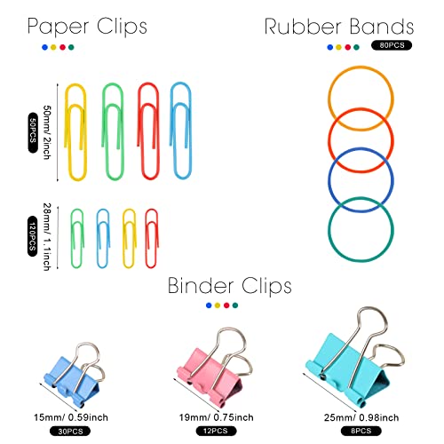 300 Pcs Binder Clips, Rubber Bands, Office Set, Paper Clips, School & Teacher Supplies for Office Desk Essentials (Assorte...
