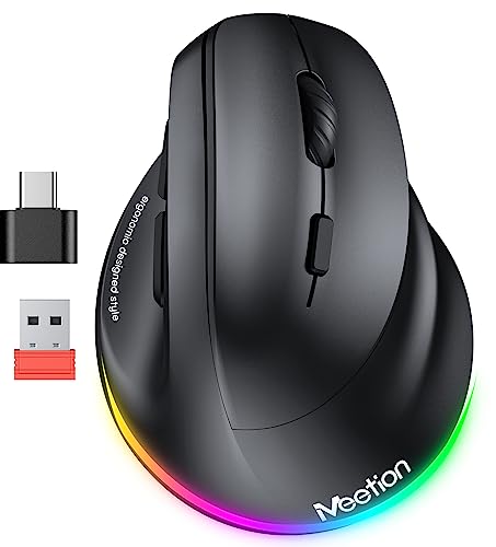 MEETION Ergonomic Mouse, Wireless Vertical Mouse RGB Backlit Rechargeable Mice for Bluetooth(5.2 + 3.0) & USB-A with USB-C...