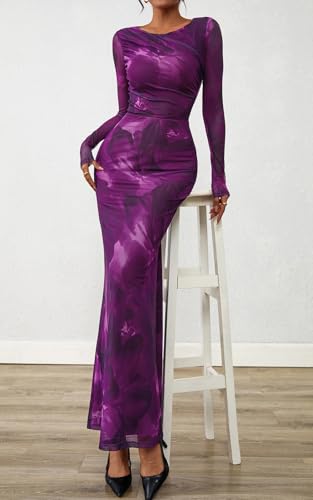 PRETTYGARDEN Women's Long Sleeve Floral Fall Wedding Guest Dress Casual Crewneck Ruched Bodycon Mesh Long Maxi Dresses