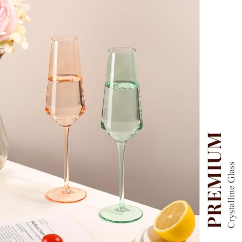TrophyToast Colored Champagne Flutes Set of 6, Large 8 Oz【Hand Blown】 Crystal Wine Glasses, Lead-Free Colored Wine Glasses...