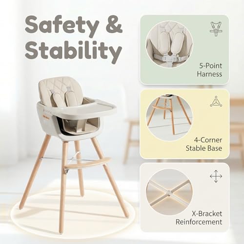 Mallify 3-in-1 Wooden High Chair, Convertible High Chairs for Babies and Toddlers, Baby Highchair with Adjustable Legs & D...