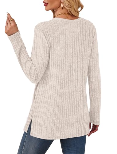 SAMPEEL Womens Sweaters Crewneck Long Sleeve Shirts with Pockets Fall Outfits 2025 Fashion Winter Clothing Side Slit