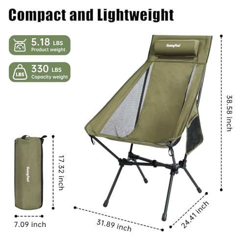 SUNNYFEEL High Back Camping Chair, 15 Second Setup Frame, 330lb Capacity, Portable Backpacking Chair, Lightweight & Compac...