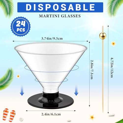 Baderke 24 Pack Plastic Martini Glasses with Gold Pearl Cocktail Picks Disposable Clear Mini Cocktail Cups Dessert Glasses...