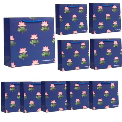 Gift Bags Bulk, 10 Pcs Gift Bags, Luxury Bag with Handles for Anniversary Presents Wedding Engagement Party, Pichwai Lotus Design Bags, Large Size, 10 x 9.8 x 4 inches, 10 Pack, India Return Gifts