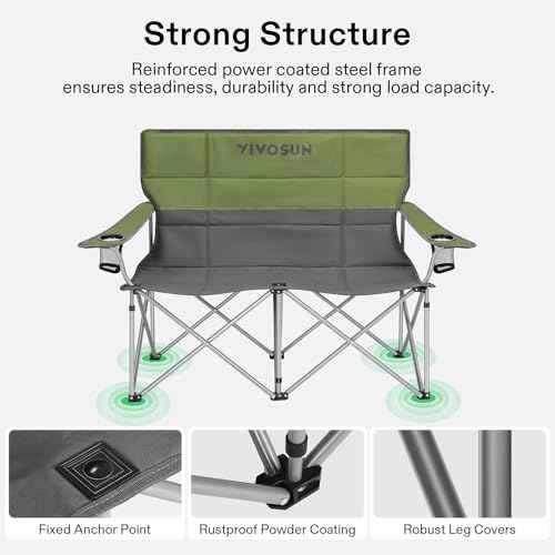 [outlets]VIVOSUN Double Camping Chair, Fully Padded Folding Loveseat, Portable Oversized Duo Chair with Storage Cup Holders, Height-adjustable Armrests & Carry Bag, Supports up to 500lbs, Green & Grey