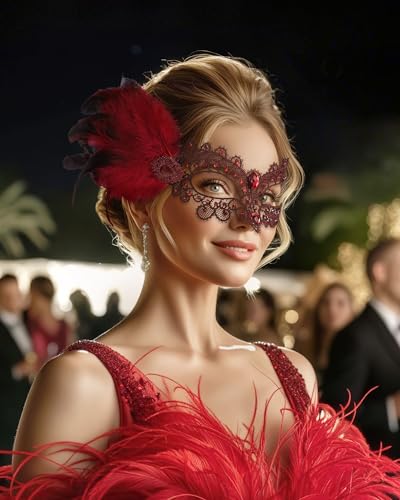 Zinniday Halloween Feather Masquerade Masks - 1920s 50s Antique Lace Venetian Mask for Women Renaissance Cosplay Party