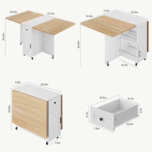 Space Saving Folding Dining Table for 2-4, Farmhouse Foldable Dining Table with Drawer and Storage Shelf, 6 Wheels Drop Le...