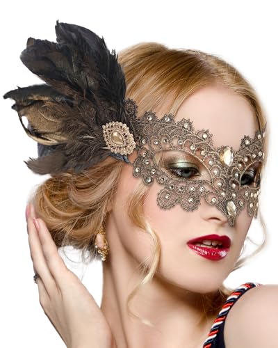Zinniday Halloween Feather Masquerade Masks - 1920s 50s Antique Lace Venetian Mask for Women Renaissance Cosplay Party