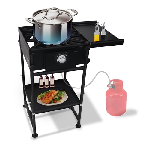 Single Propane Burner Stove - 1,30,000 High btu Propane Burner Camping Stove with Side Shelf & Bottom Shelf - Steel Single...