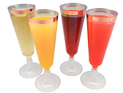 Oojami 140 Pack Plastic Champagne Flutes with Rose Gold Rim – Disposable Glass-Like Toasting Glasses for Wedding, Party, M...