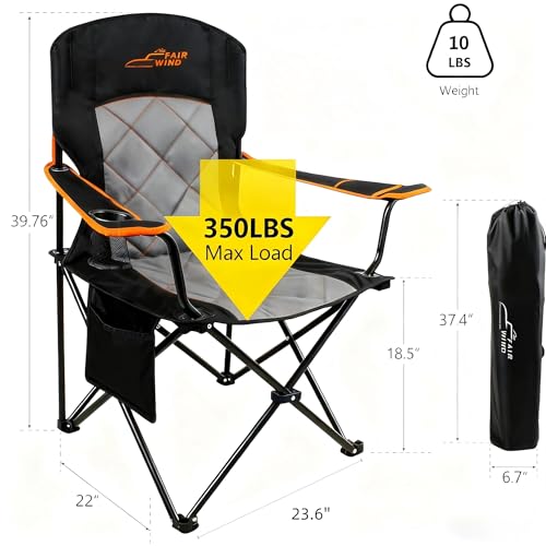 FAIR WIND Oversized Fully Padded Camping Chair, Heavy Duty Quad Fold Chair Arm Chair Support 350 LBS with Cup Holder, Coll...