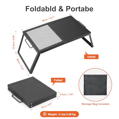 Odoland Folding Campfire Grill, Heavy Duty Steel Mesh Grate with Folding Legs and Storage Bag, Portable Camping Grates, Ov...
