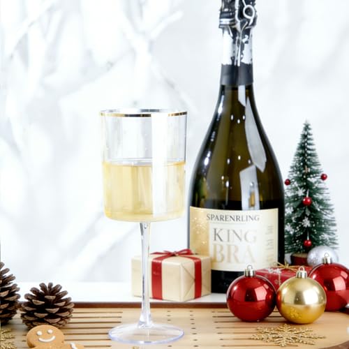 Ciaell 12 Pack Plastic Wine Glasses - 10 Oz Plastic Wine Glasses with Stem - Gold Rim Disposable Cups for Parties & Weddin...