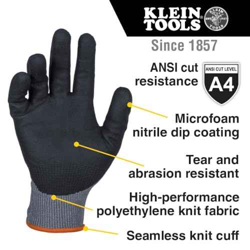 Klein Tools 60589 Work Gloves, Knit Dipped Cut Resistant ANSI A4 Nitrile Coated Gloves, HPPE Fabric, Touchscreen Capable Fingertips, Large, 2-Pair