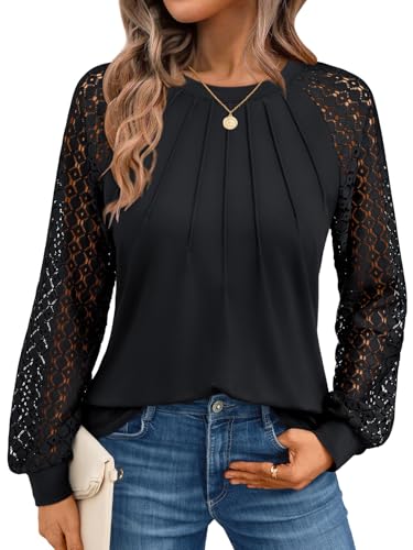 AUTOMET Womens Long Sleeve Shirts Pleated Lace Tops Fall Fashion Outfits Business Casual Blouses