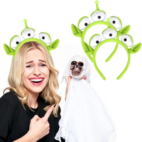 CCINEE 2Pack Alien Plush Headband，Green Alien Three-eyed Headband Plush Headwear Hat Accessories for Halloween Party Supply