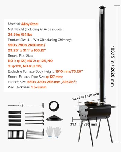 VEVOR 118" Camping Wood Stove, Portable Alloy Steel Tent Stove with 3000in³ Firebox, Outdoor Heating & Cooking Stove with ...