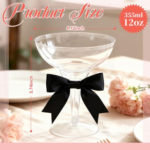 LemonRoad 24 Pcs Clear Plastic Martini Glasses with Bows, 12 oz Disposable Plastic Margarita Cups, Shatterproof Cocktail C...