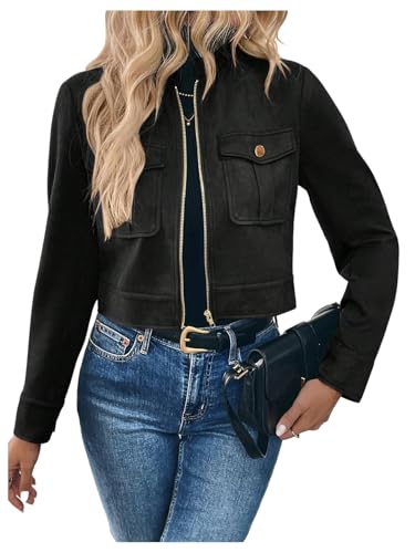 Verdusa Women's Zip Up Crop Spring Jackets Faux Suede Long Sleeve Motorcycle Cargo Jacket with Pockets