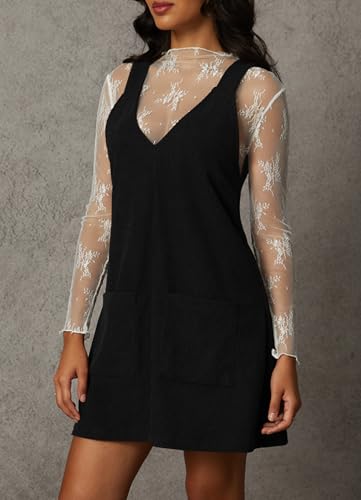 Navneet Corduroy Overall Dress for Women V Neck Sleeveless Pinafore Jumper Mini Dress with Pockets