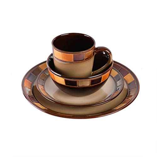 Gibson Casa Estebana 16-Piece Dinnerware Set, Service for 4 ? Beige and Brown Stoneware Plates and Bowls