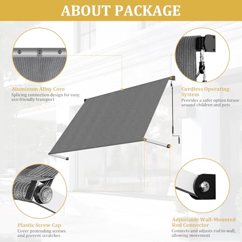 Shade&Beyond 8' X 8' Manual Retractable Awnings for Patio, Outdoor Retractable Patio Awning Sunshade Shelter for Backyard, Garden, Balcony, Grey