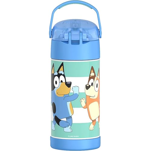 THERMOS FUNTAINER Water Bottle with Straw - 12 Ounce - Kids Stainless Steel Vacuum Insulated Water Bottle with Lid, Bluey